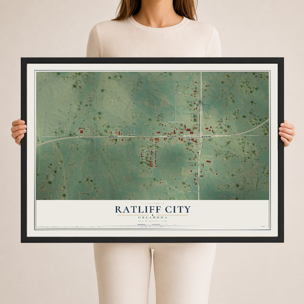 Map of Ratliff City, Oklahoma, 24 x 36 inch print in a black wood frame