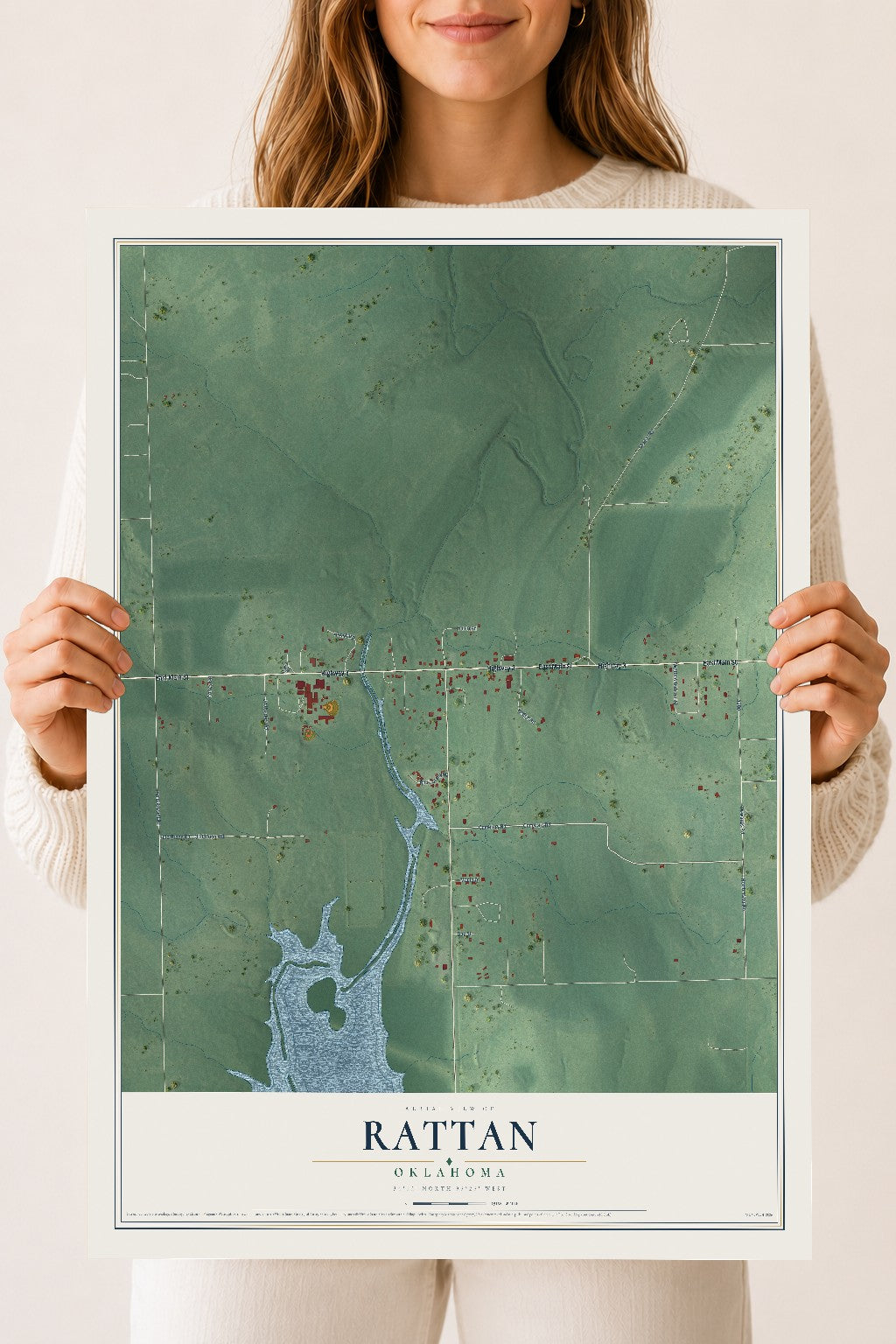 Map of Rattan, Oklahoma, 18 x 24 inch unframed archival matte print