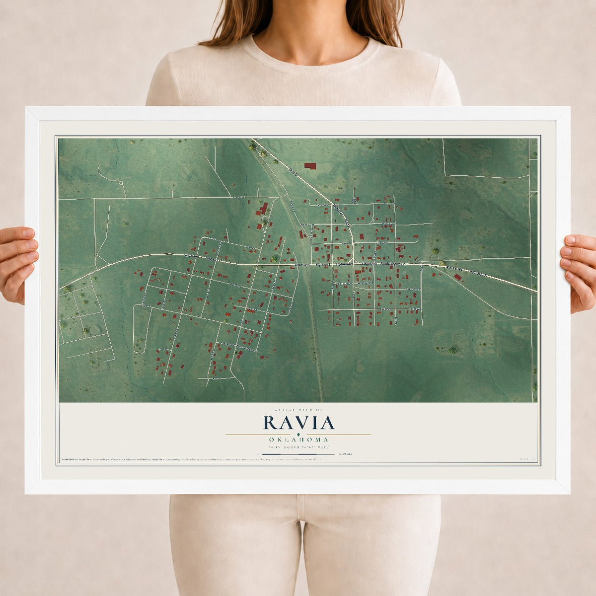 Map of Ravia, Oklahoma, 18 x 24 inch print in a white wood frame