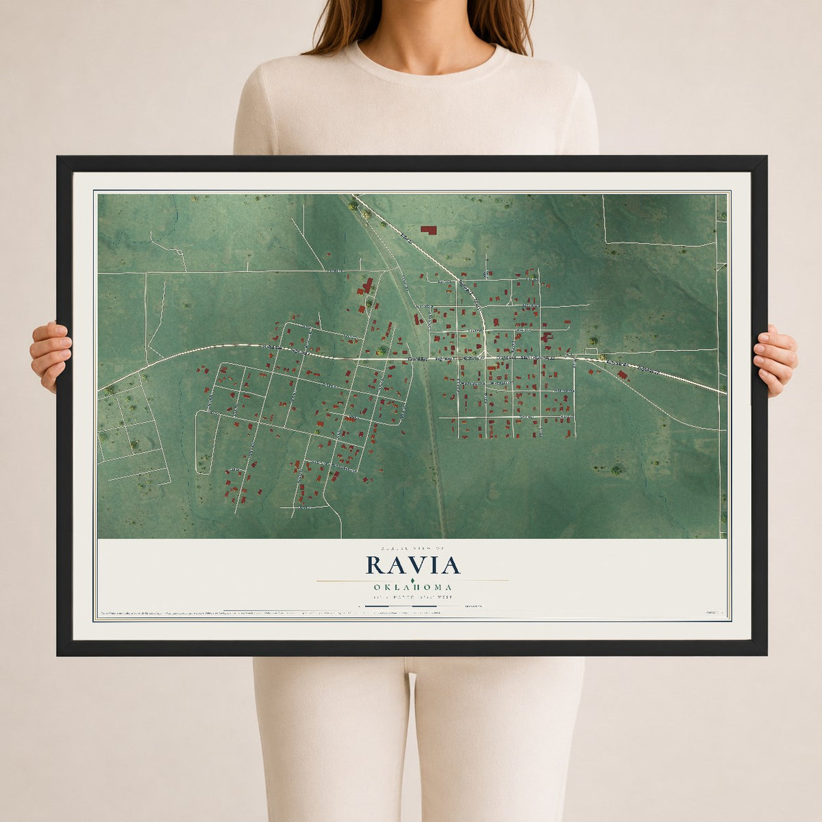 Map of Ravia, Oklahoma, 24 x 36 inch print in a black wood frame