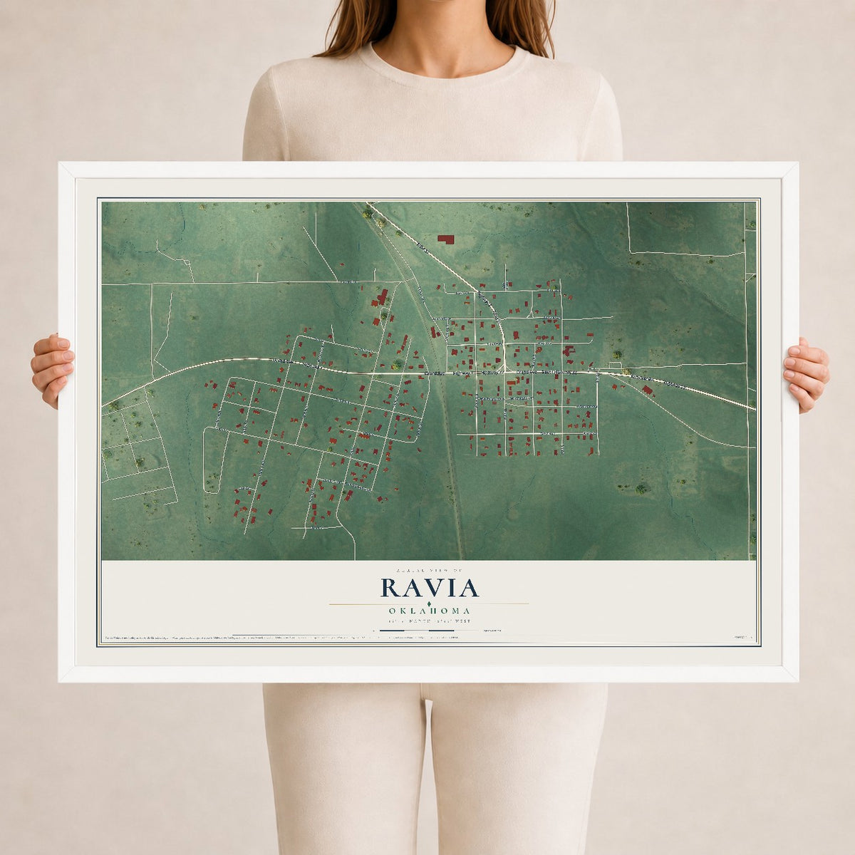 Map of Ravia, Oklahoma, 24 x 36 inch print in a white wood frame