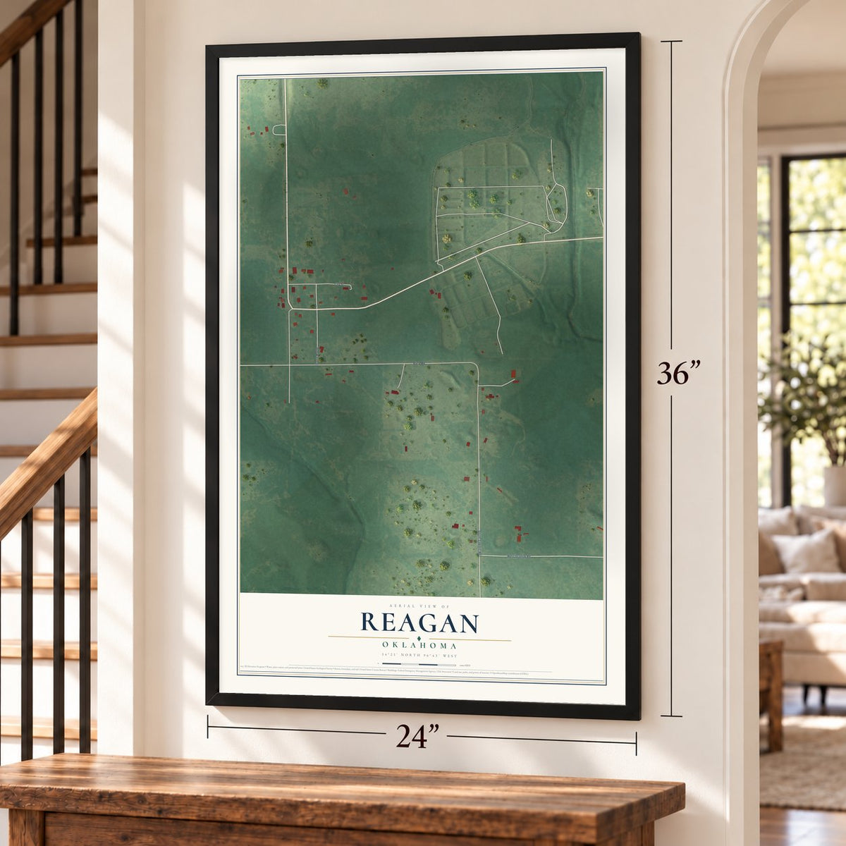Reagan, Oklahoma map, 24 x 36 inch print in a black frame by a staircase