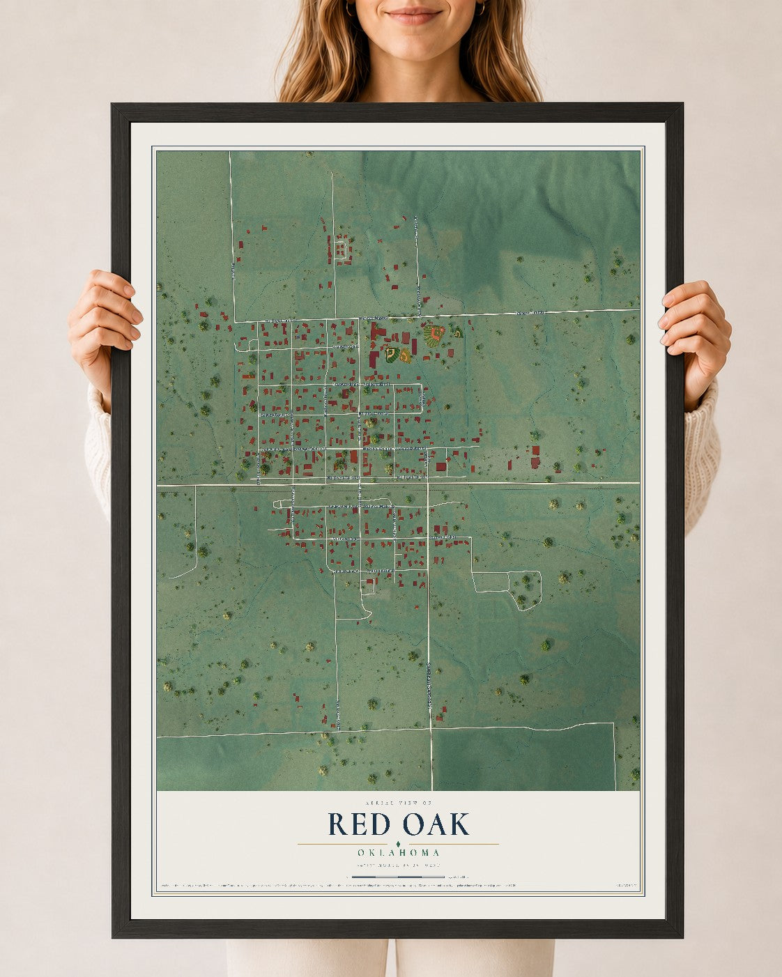 Map of Red Oak, Oklahoma, 24 x 36 inch print in a black wood frame