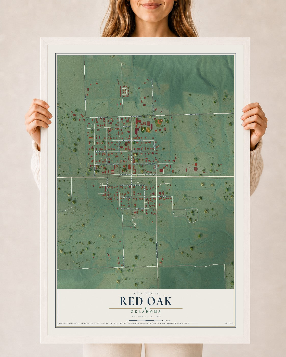 Map of Red Oak, Oklahoma, 24 x 36 inch print in a white wood frame