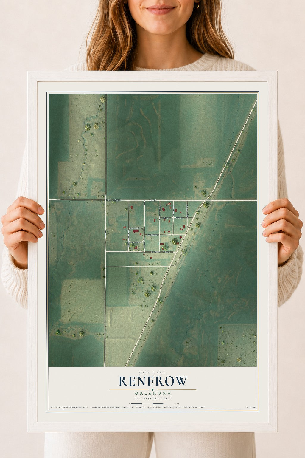 Map of Renfrow, Oklahoma, 18 x 24 inch print in a white wood frame