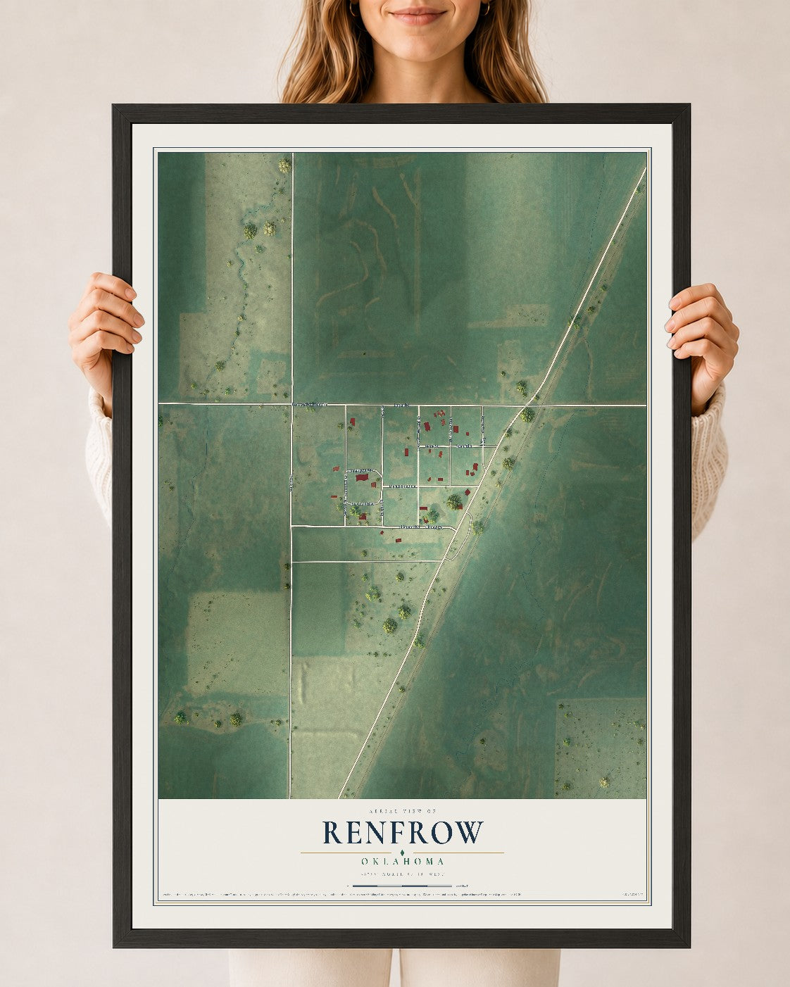 Map of Renfrow, Oklahoma, 24 x 36 inch print in a black wood frame