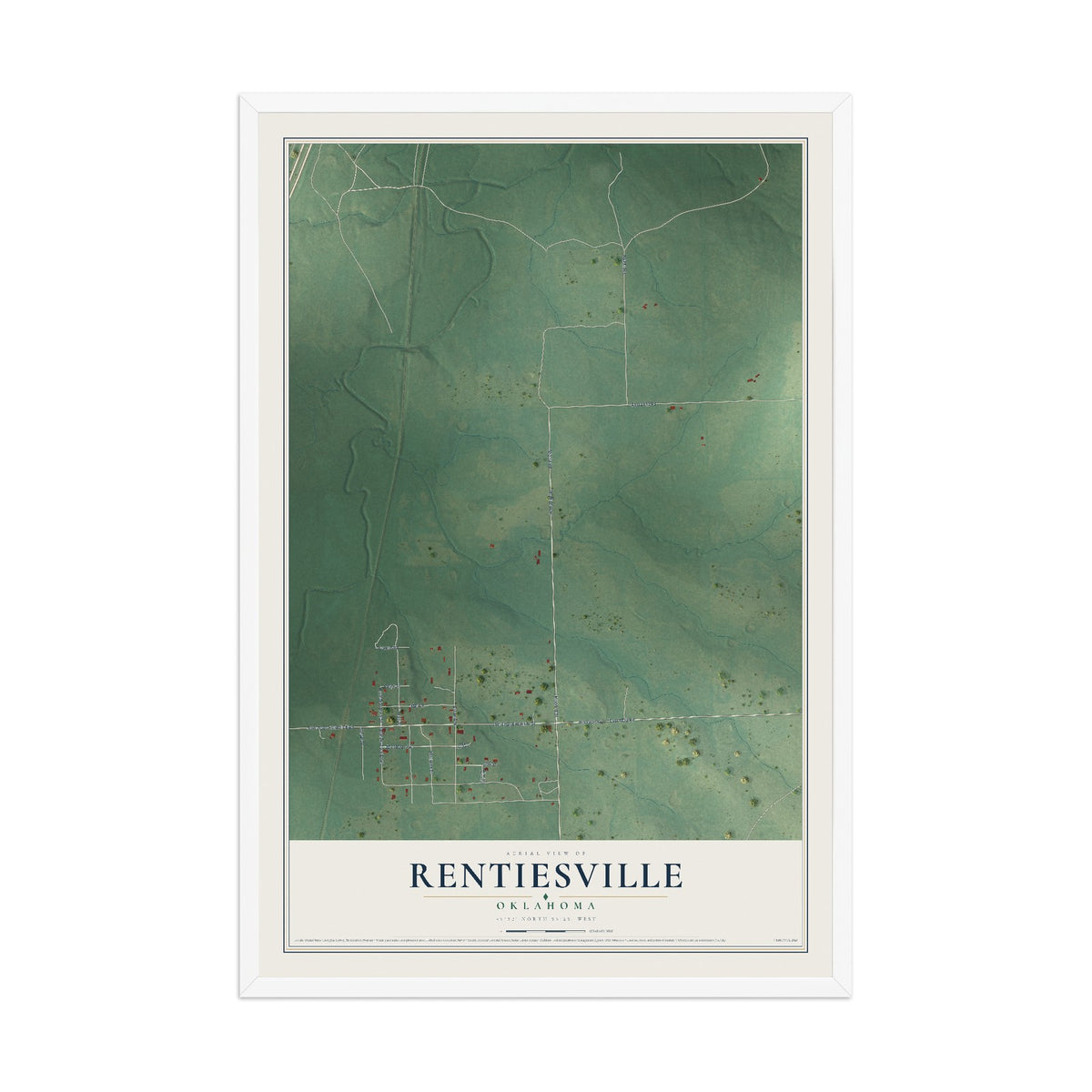 Map of Rentiesville, Oklahoma, 12 x 18 inch print in a white wood frame
