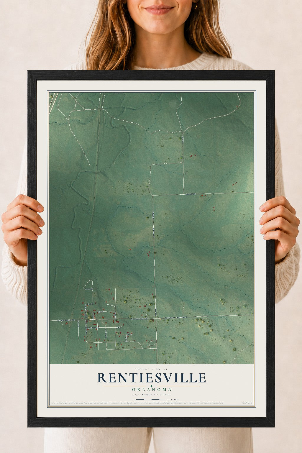 Map of Rentiesville, Oklahoma, 18 x 24 inch print in a black wood frame
