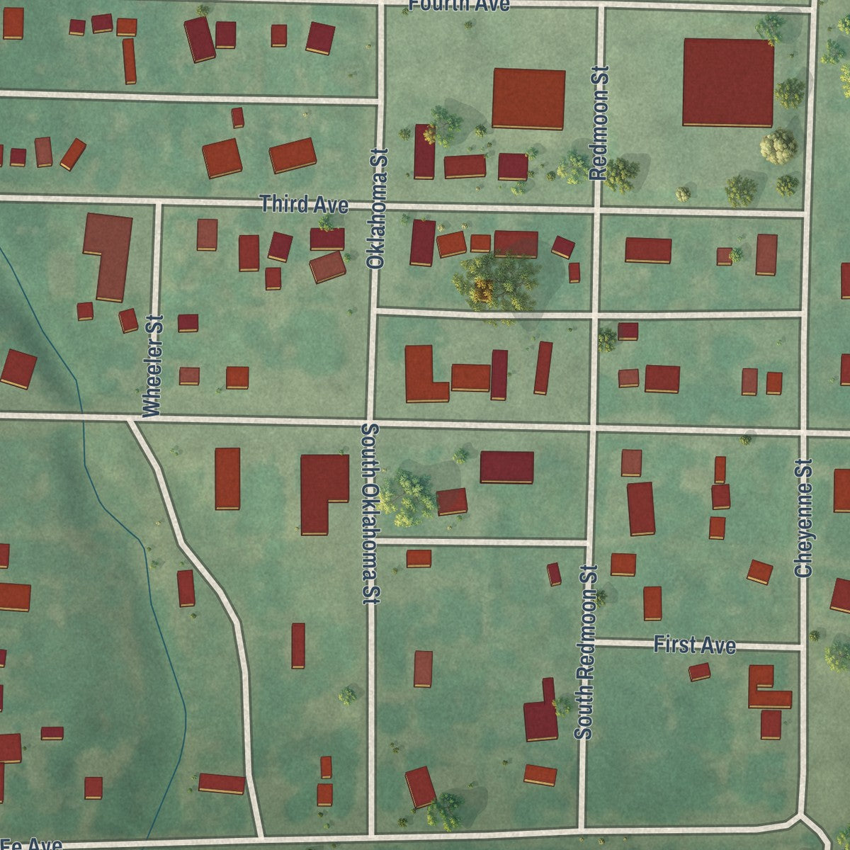 Close-up of the map of Reydon, Oklahoma print showing street and building detail