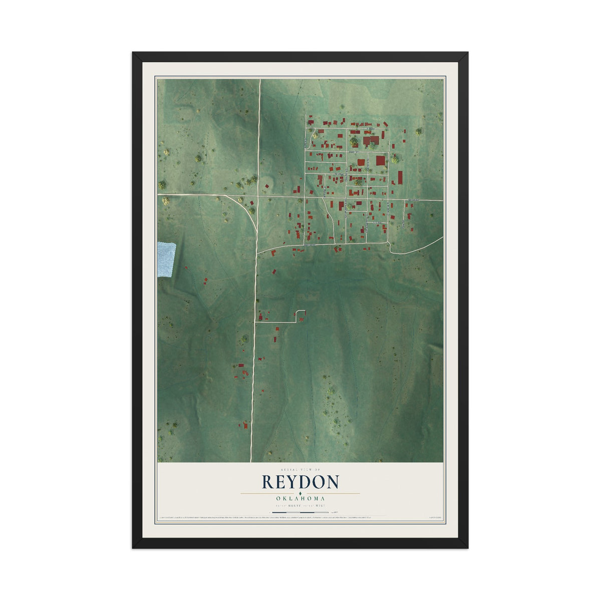 Map of Reydon, Oklahoma, 12 x 18 inch print in a black wood frame
