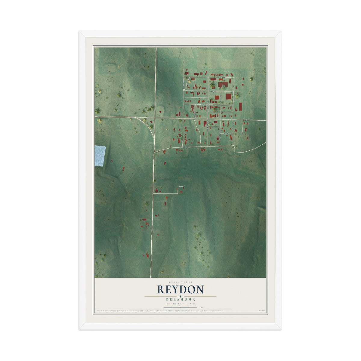 Map of Reydon, Oklahoma, 12 x 18 inch print in a white wood frame