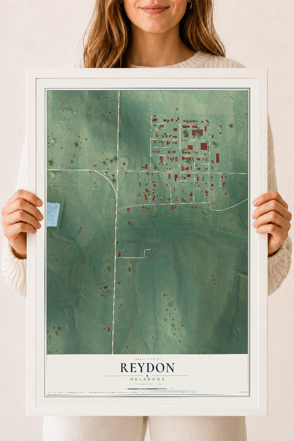 Map of Reydon, Oklahoma, 18 x 24 inch print in a white wood frame