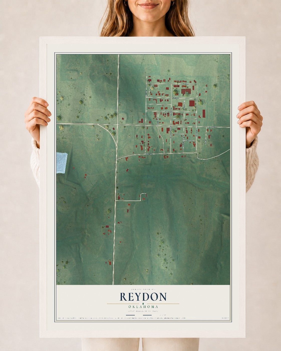 Map of Reydon, Oklahoma, 24 x 36 inch print in a white wood frame