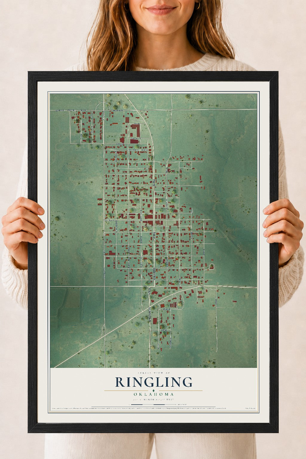 Map of Ringling, Oklahoma, 18 x 24 inch print in a black wood frame