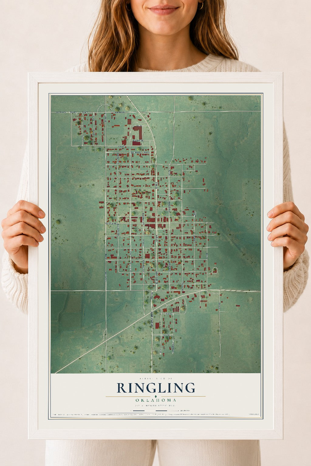 Map of Ringling, Oklahoma, 18 x 24 inch print in a white wood frame