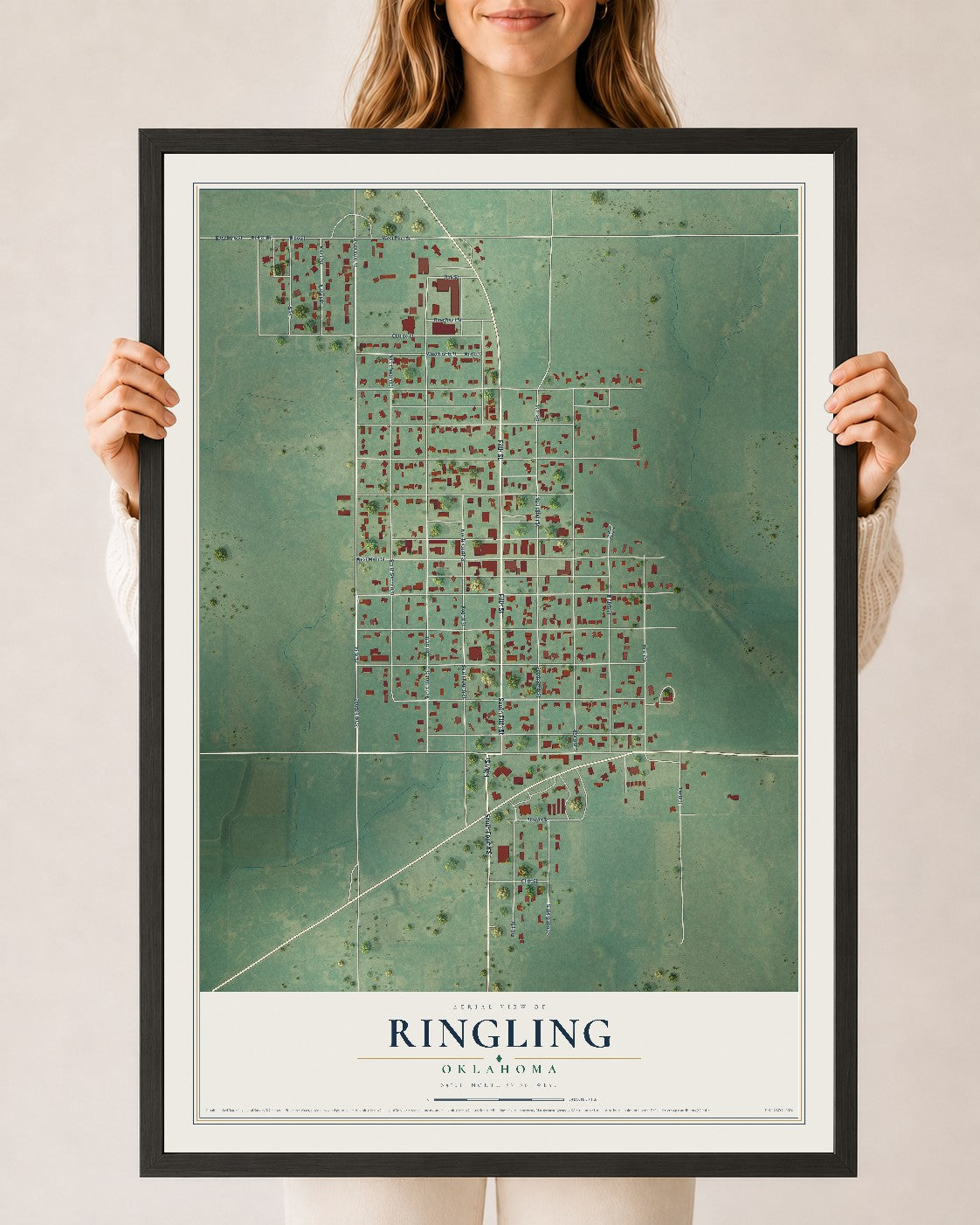 Map of Ringling, Oklahoma, 24 x 36 inch print in a black wood frame