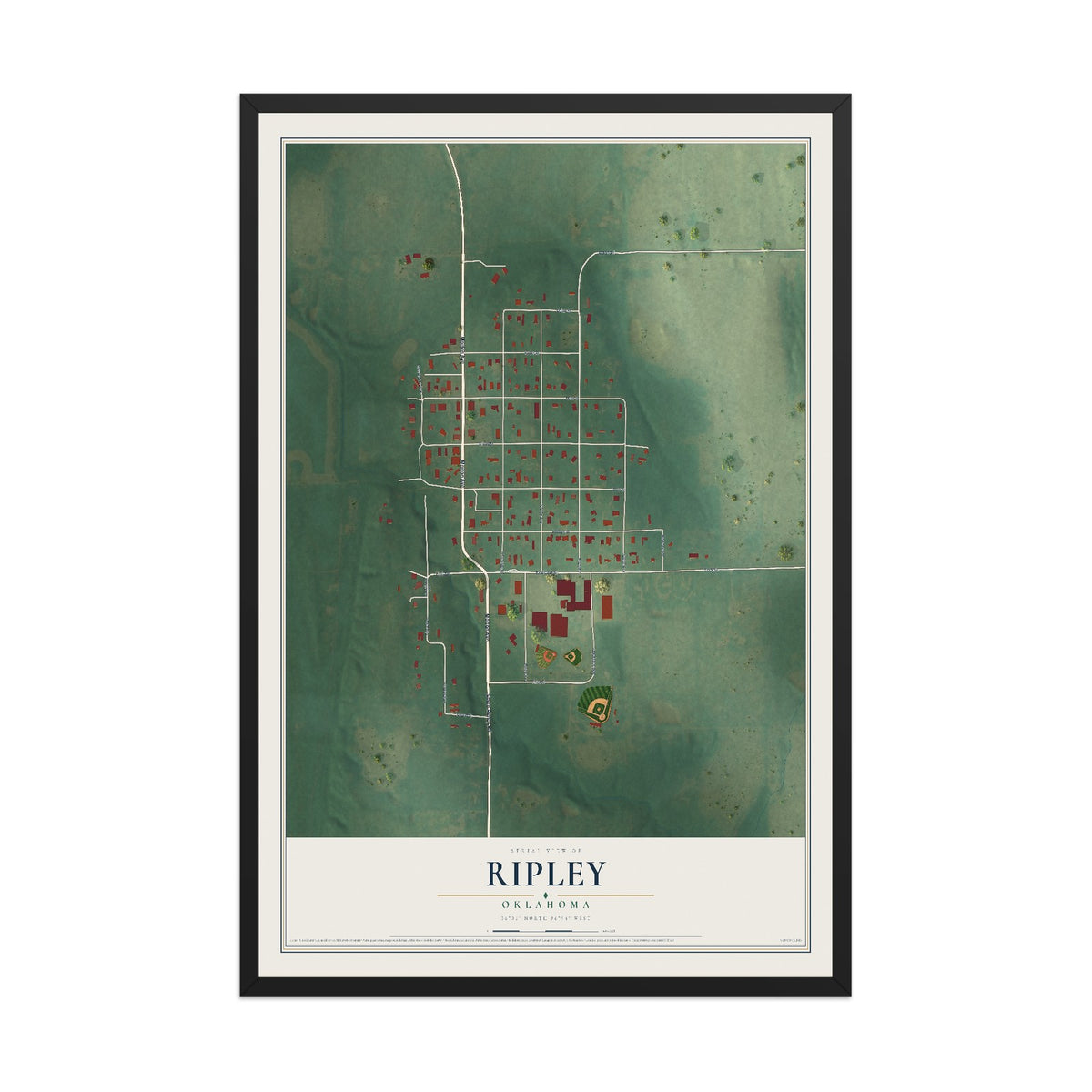 Map of Ripley, Oklahoma, 12 x 18 inch print in a black wood frame