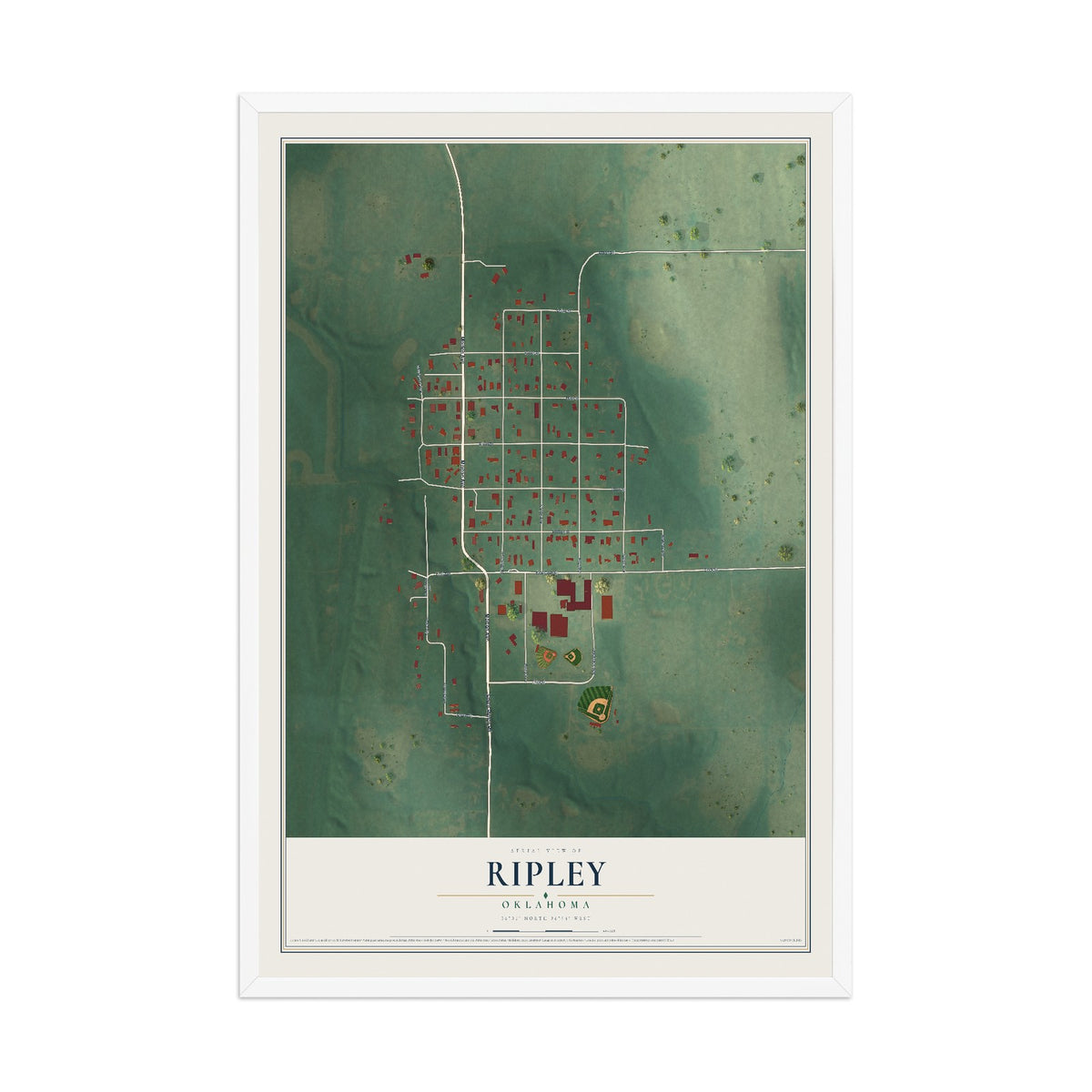 Map of Ripley, Oklahoma, 12 x 18 inch print in a white wood frame