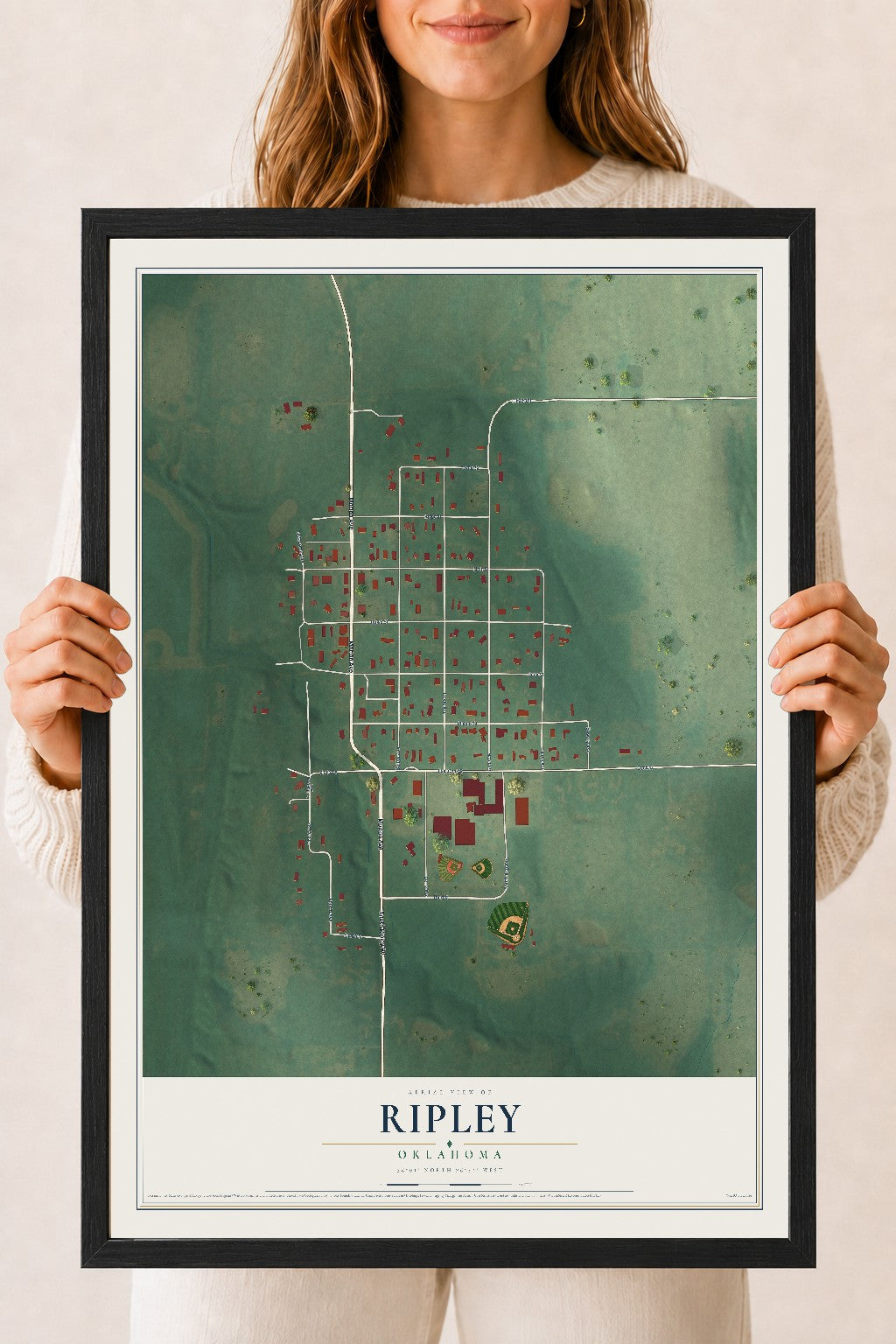 Map of Ripley, Oklahoma, 18 x 24 inch print in a black wood frame