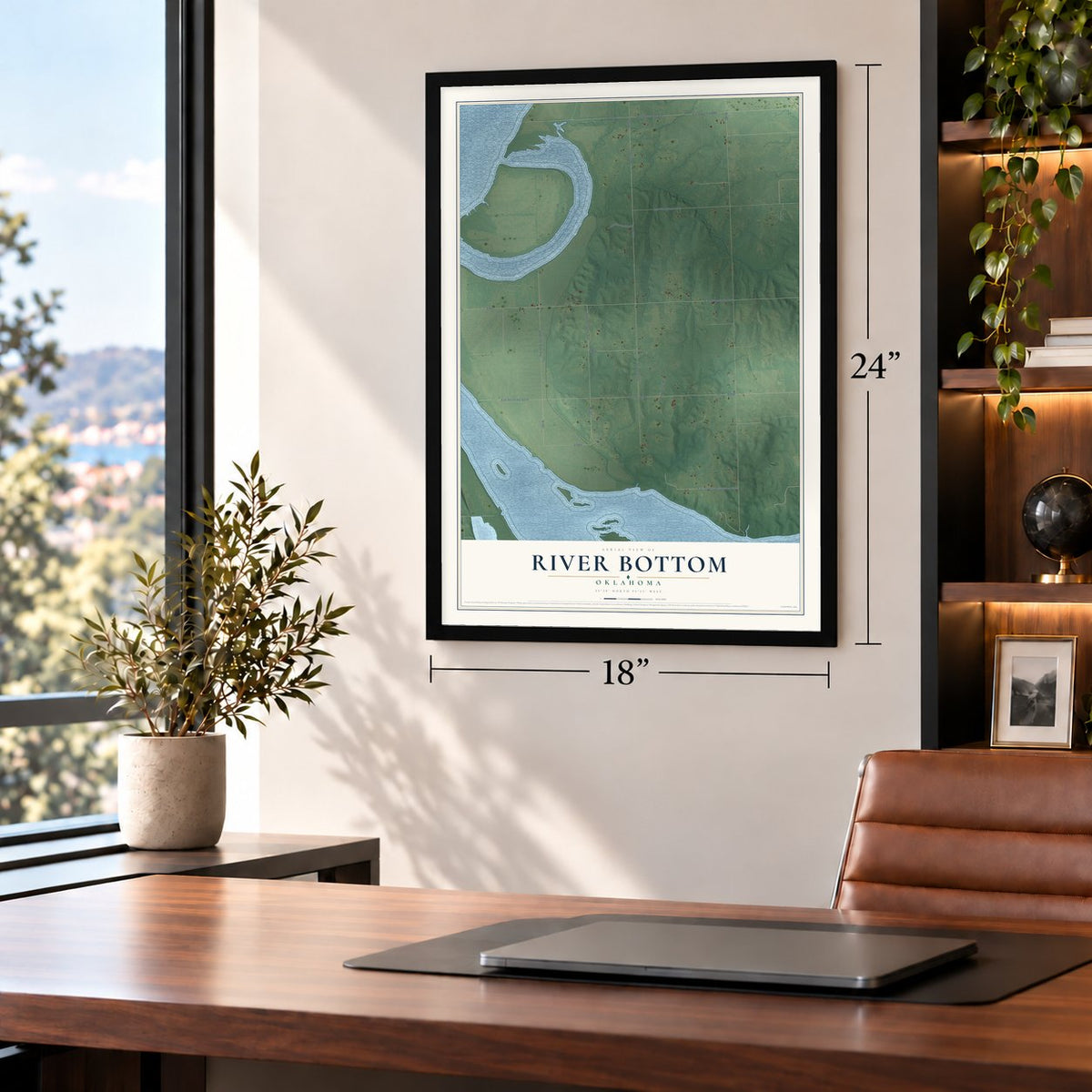 River Bottom, Oklahoma map, 18 x 24 inch print in a black frame in a home office