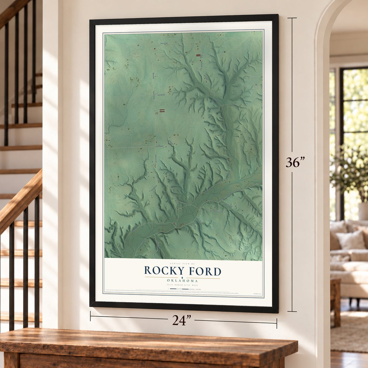 Rocky Ford, Oklahoma map, 24 x 36 inch print in a black frame by a staircase