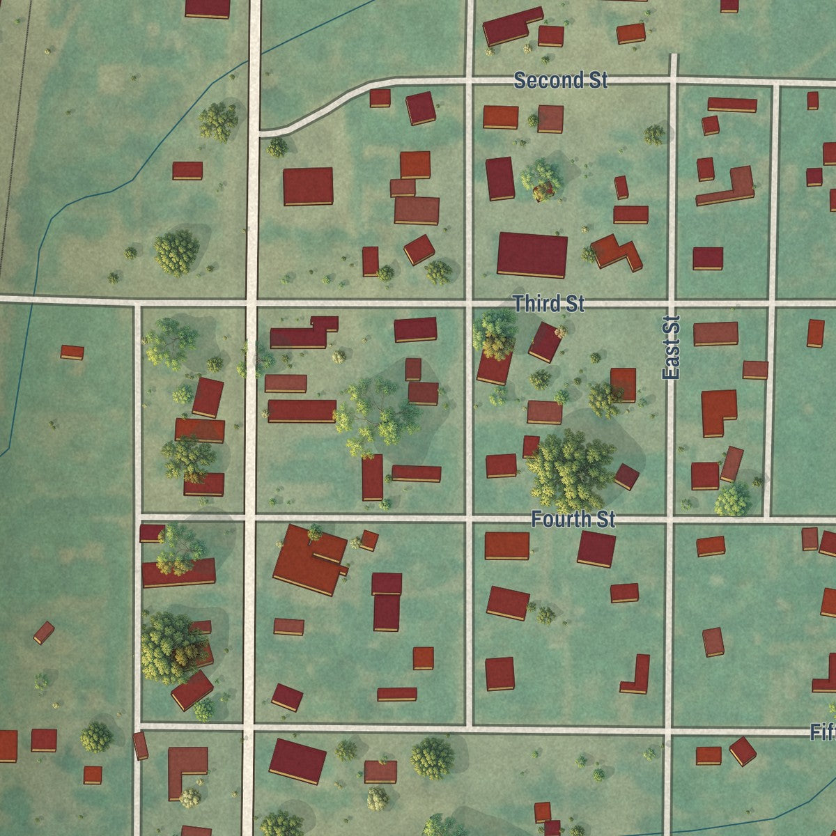 Close-up of the map of Rocky, Oklahoma print showing street and building detail