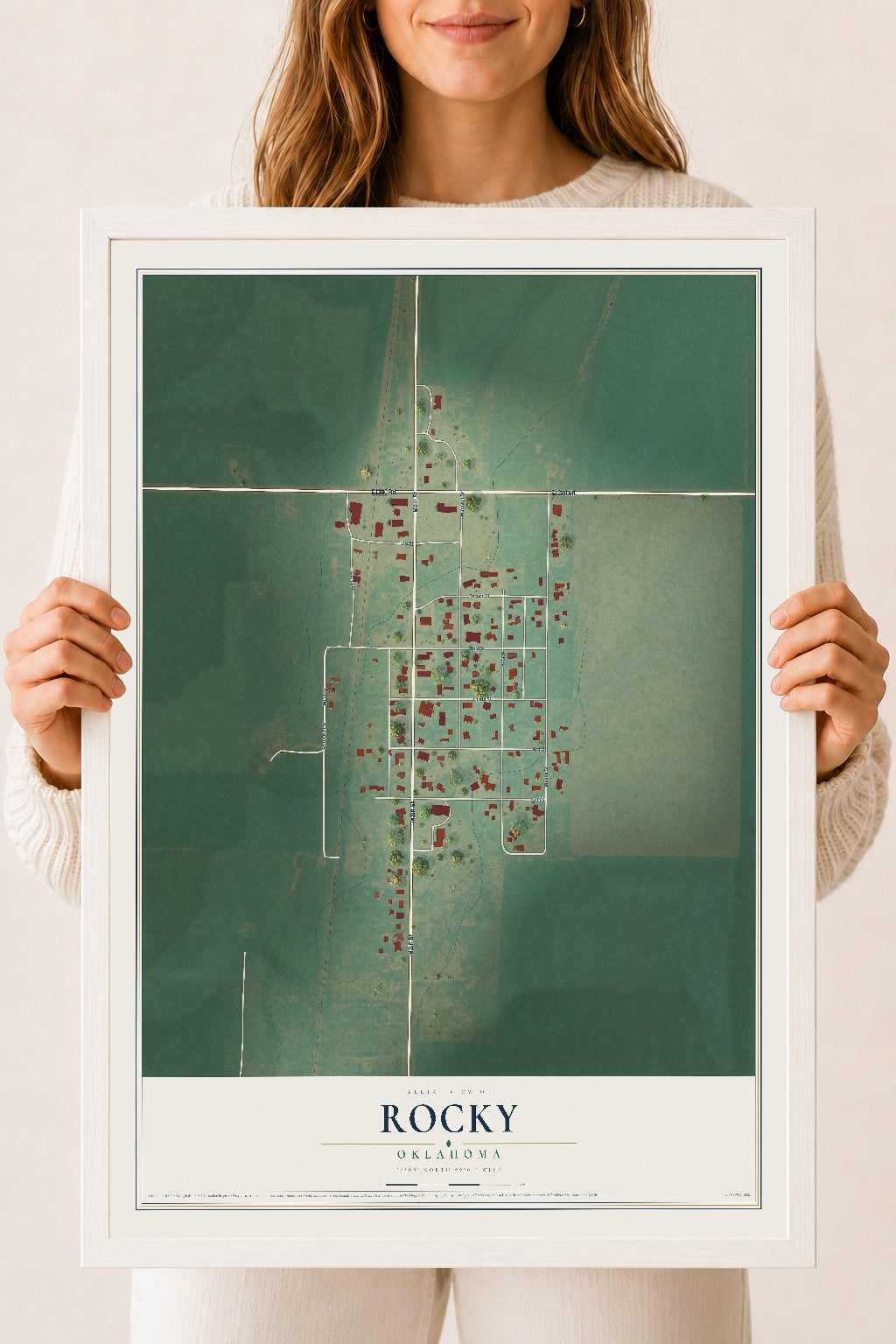 Map of Rocky, Oklahoma, 18 x 24 inch print in a white wood frame