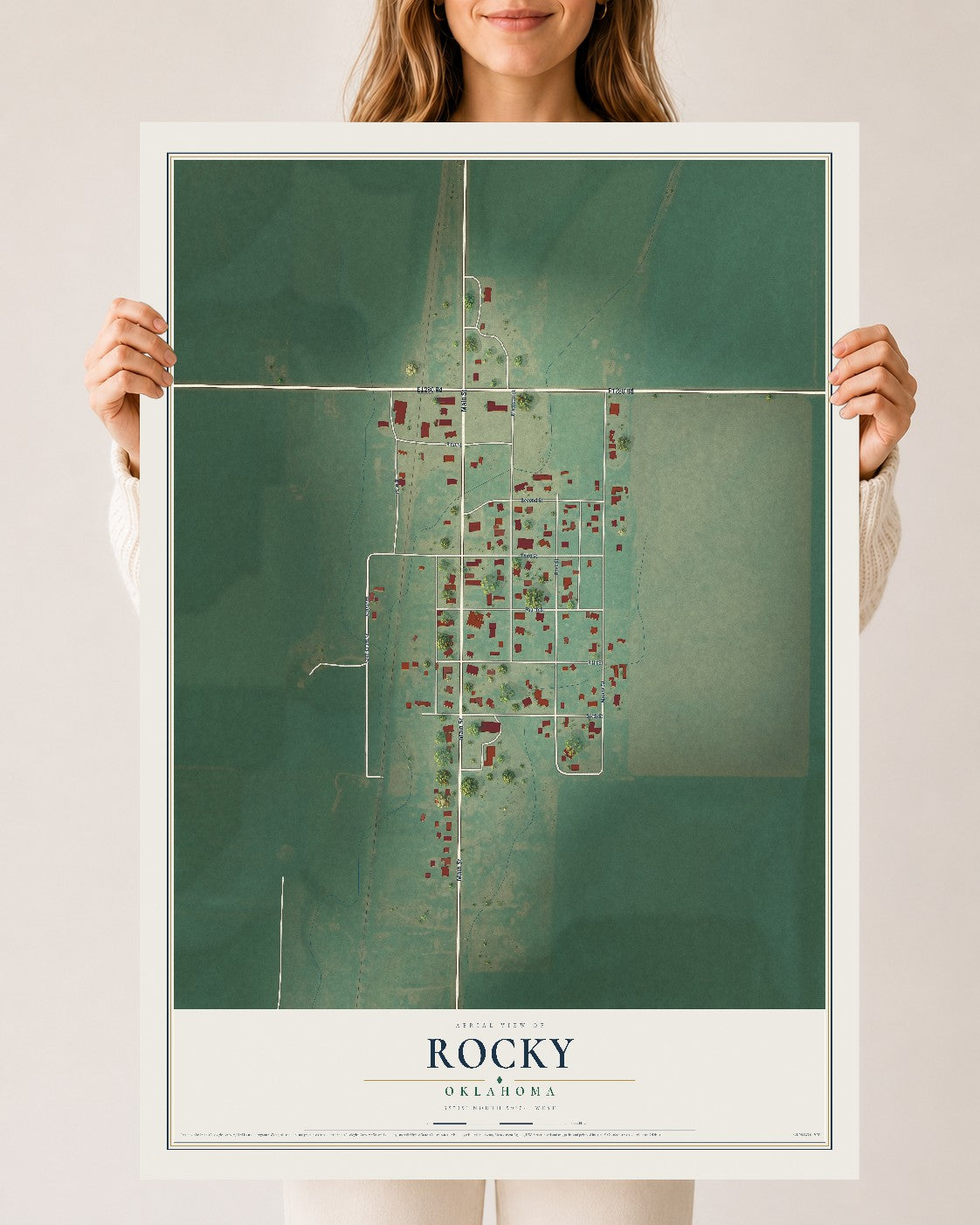 Map of Rocky, Oklahoma, 24 x 36 inch unframed archival matte print
