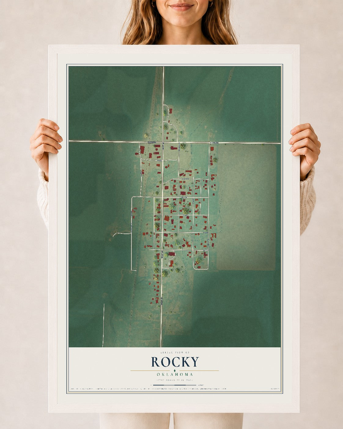 Map of Rocky, Oklahoma, 24 x 36 inch print in a white wood frame