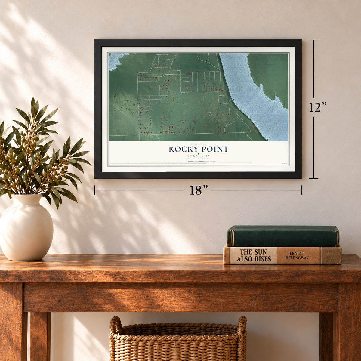 Rocky Point, Oklahoma map, 12 x 18 inch print in a black frame in an entryway