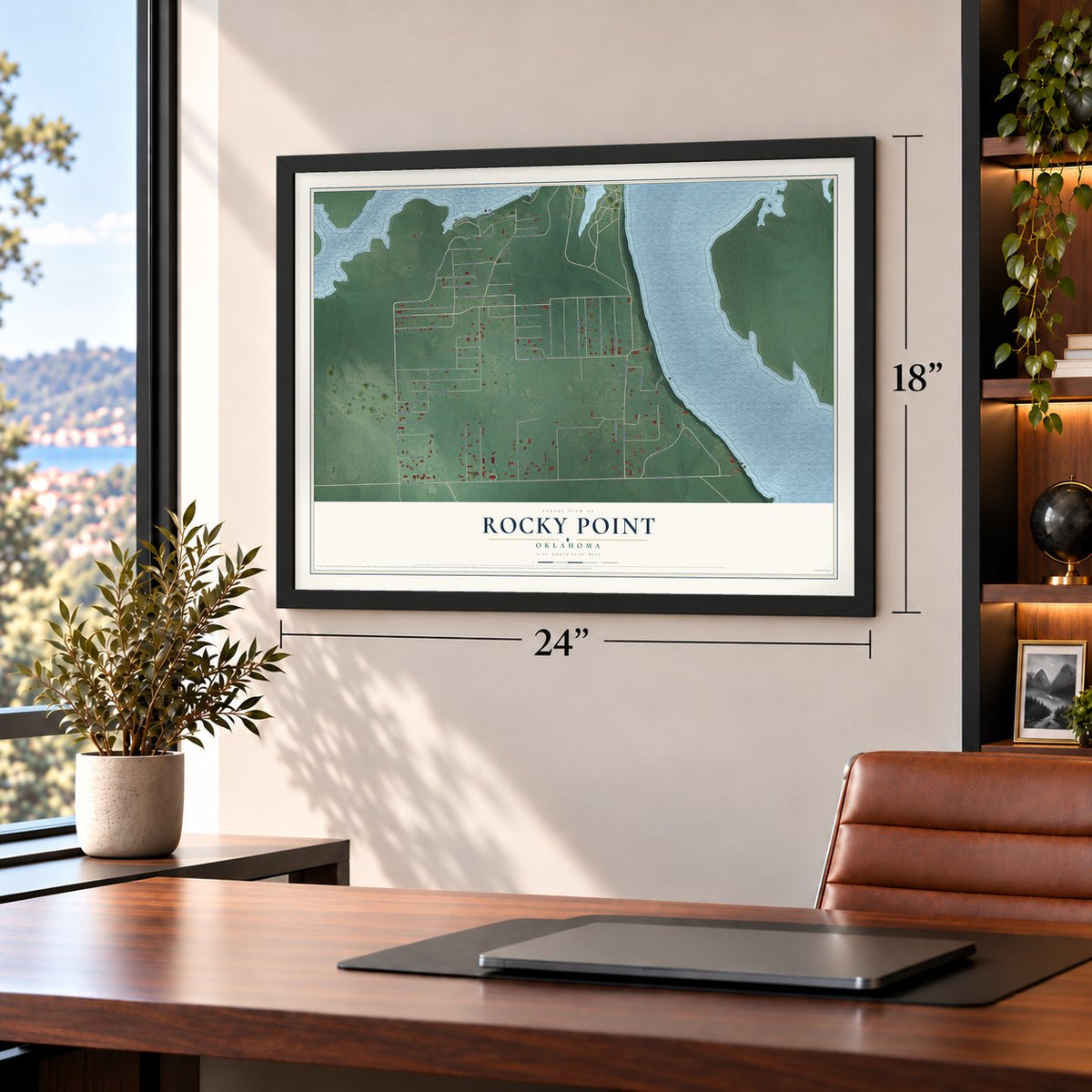 Rocky Point, Oklahoma map, 18 x 24 inch print in a black frame in a home office