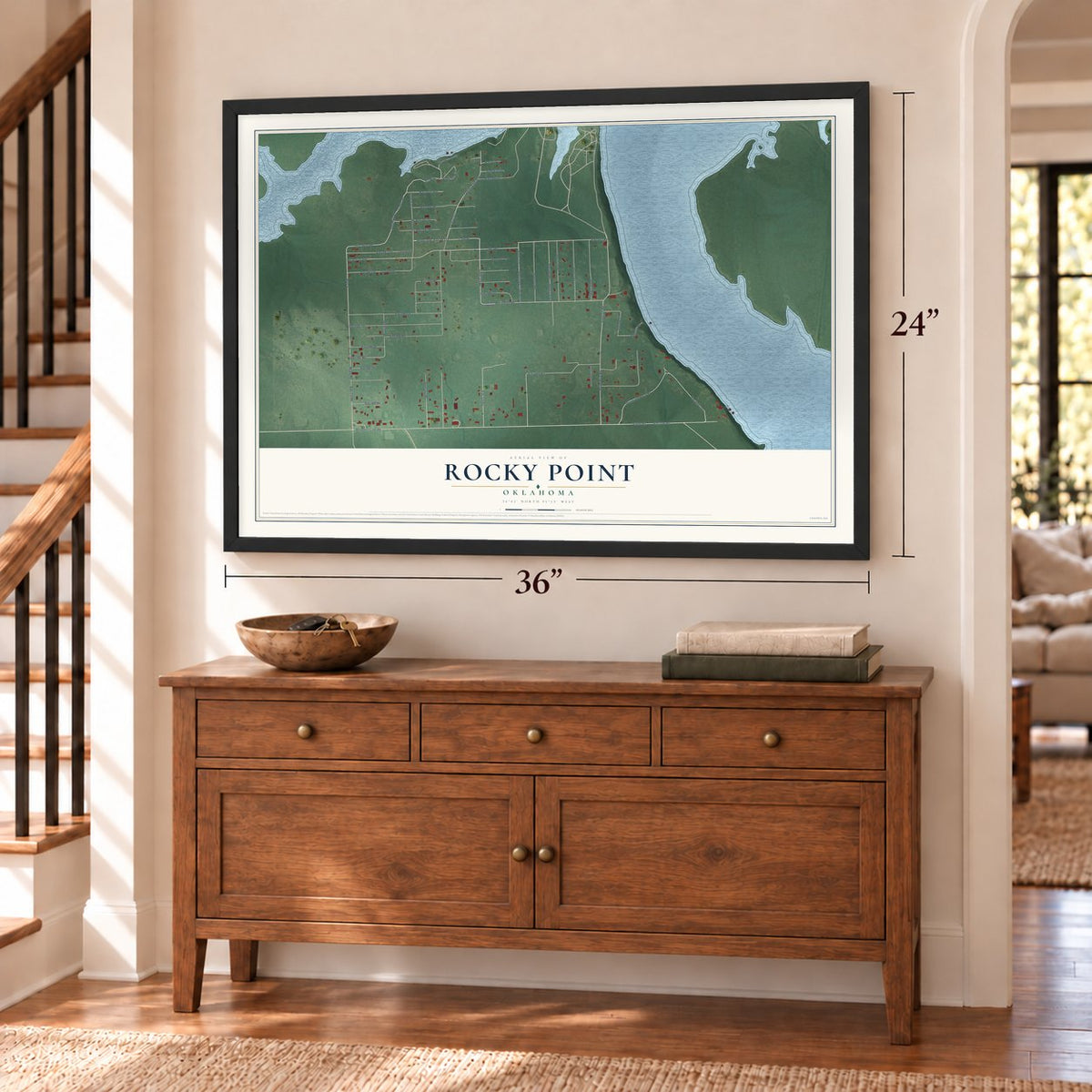 Rocky Point, Oklahoma map, 24 x 36 inch print in a black frame above a dresser by a staircase