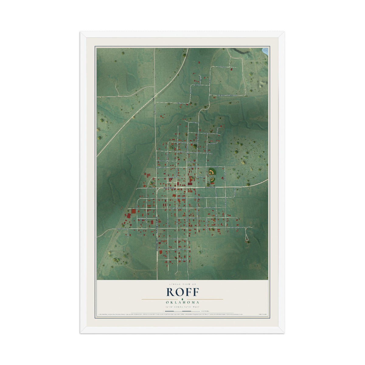Map of Roff, Oklahoma, 12 x 18 inch print in a white wood frame