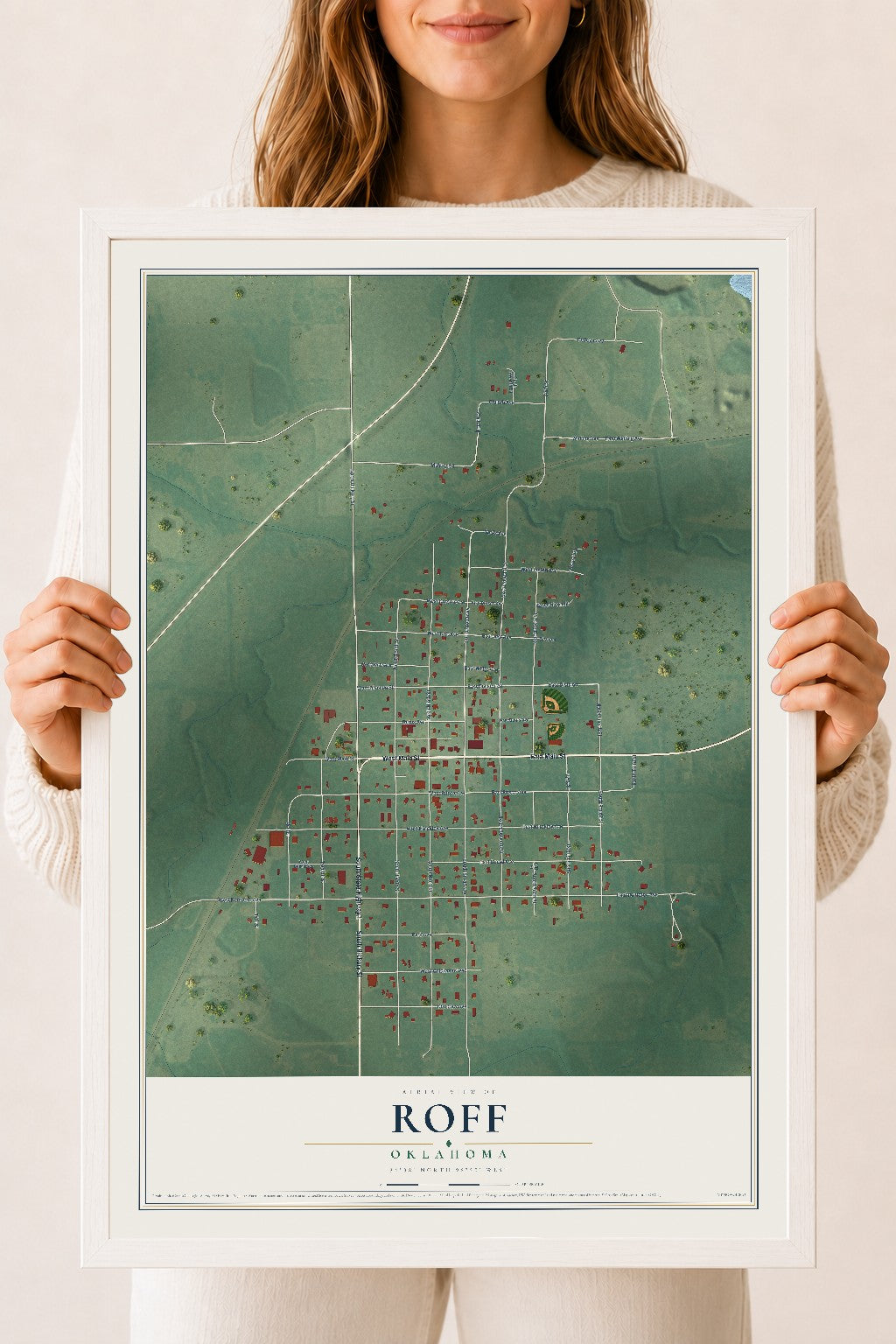 Map of Roff, Oklahoma, 18 x 24 inch print in a white wood frame