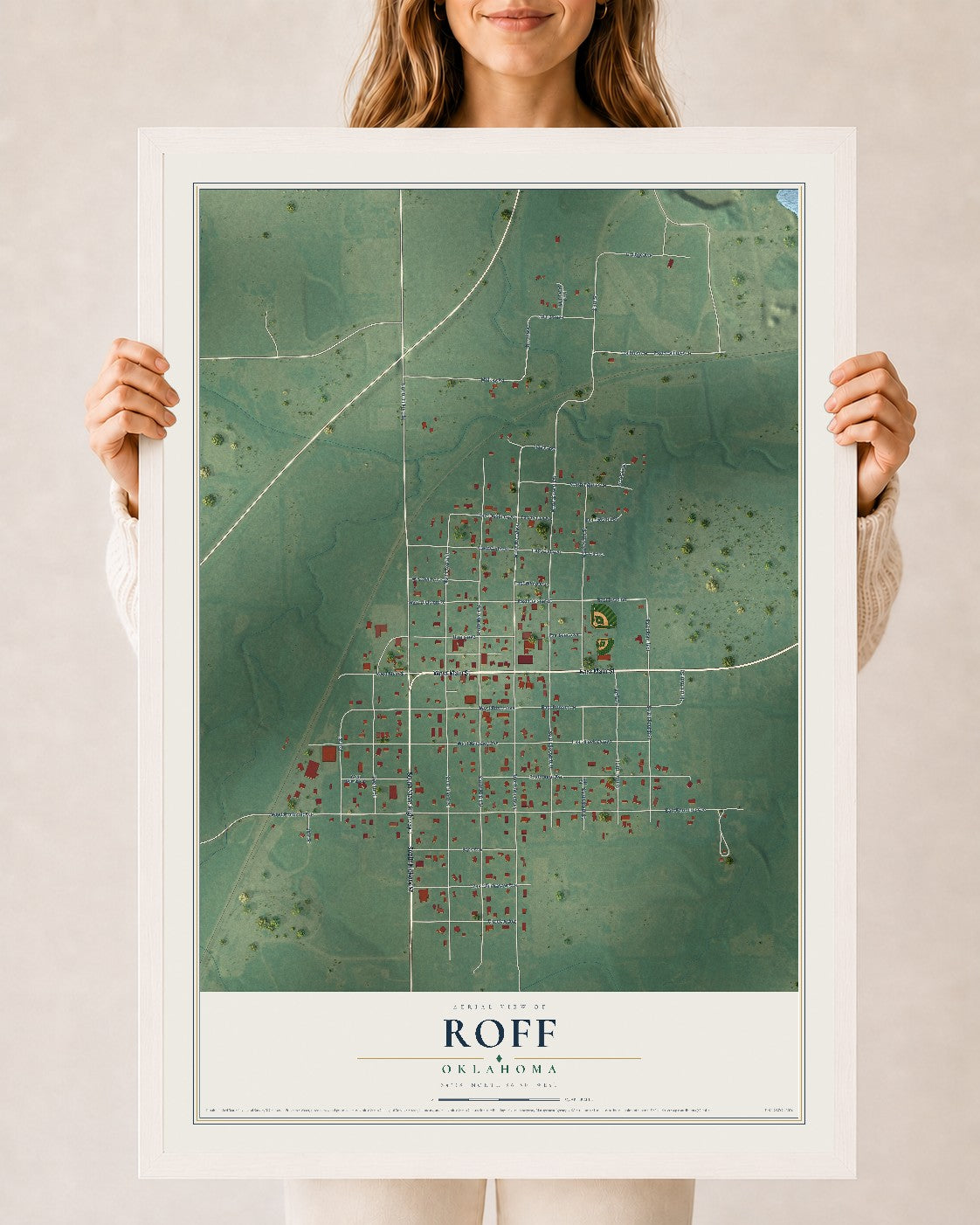 Map of Roff, Oklahoma, 24 x 36 inch print in a white wood frame