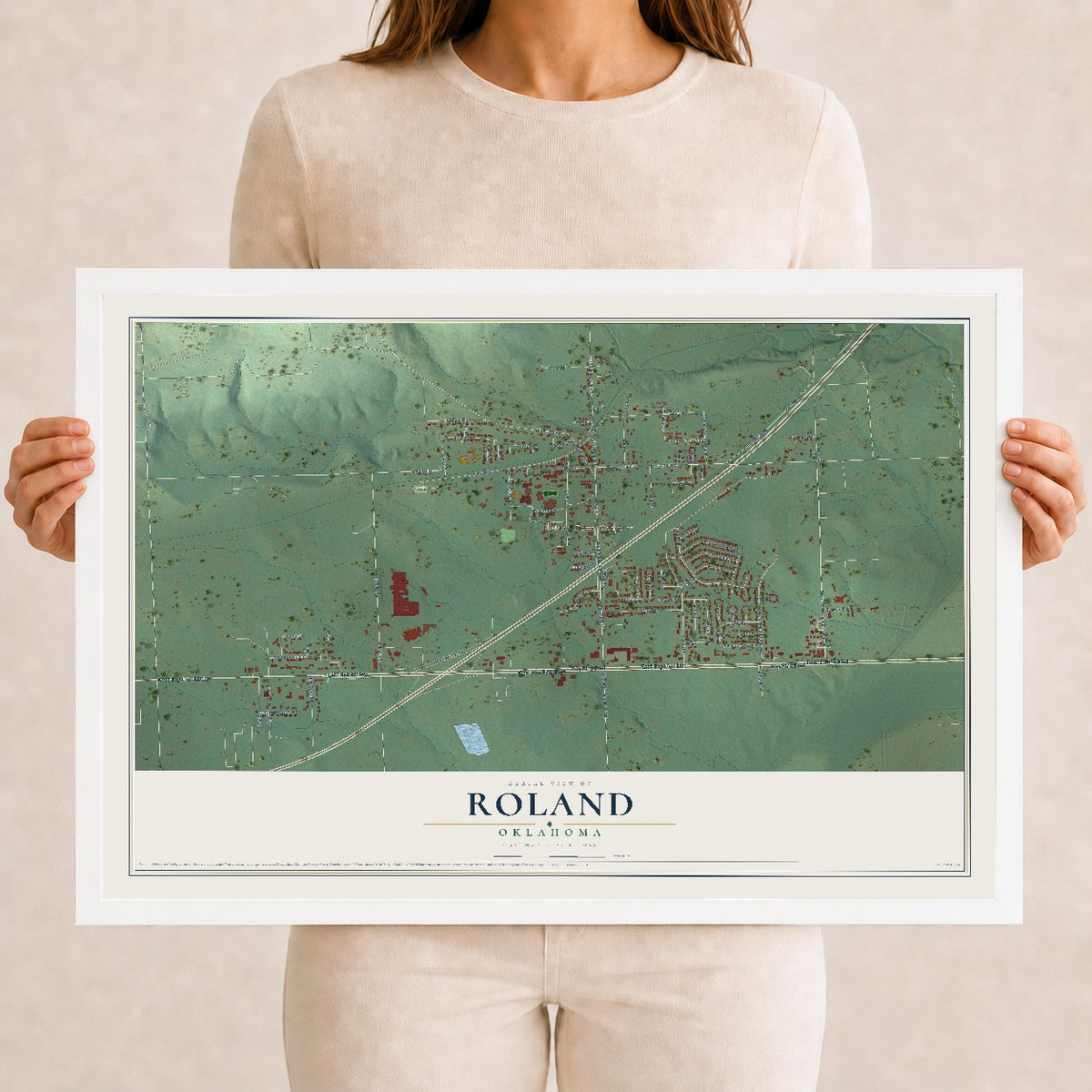 Map of Roland, Oklahoma, 12 x 18 inch print in a white wood frame