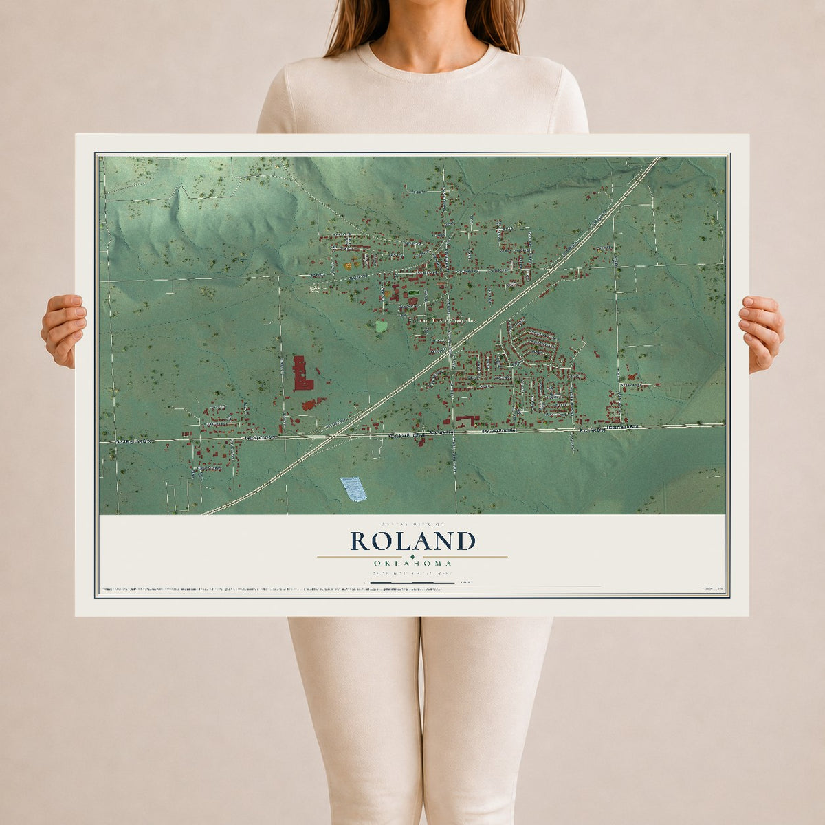 Map of Roland, Oklahoma, 24 x 36 inch unframed archival matte print