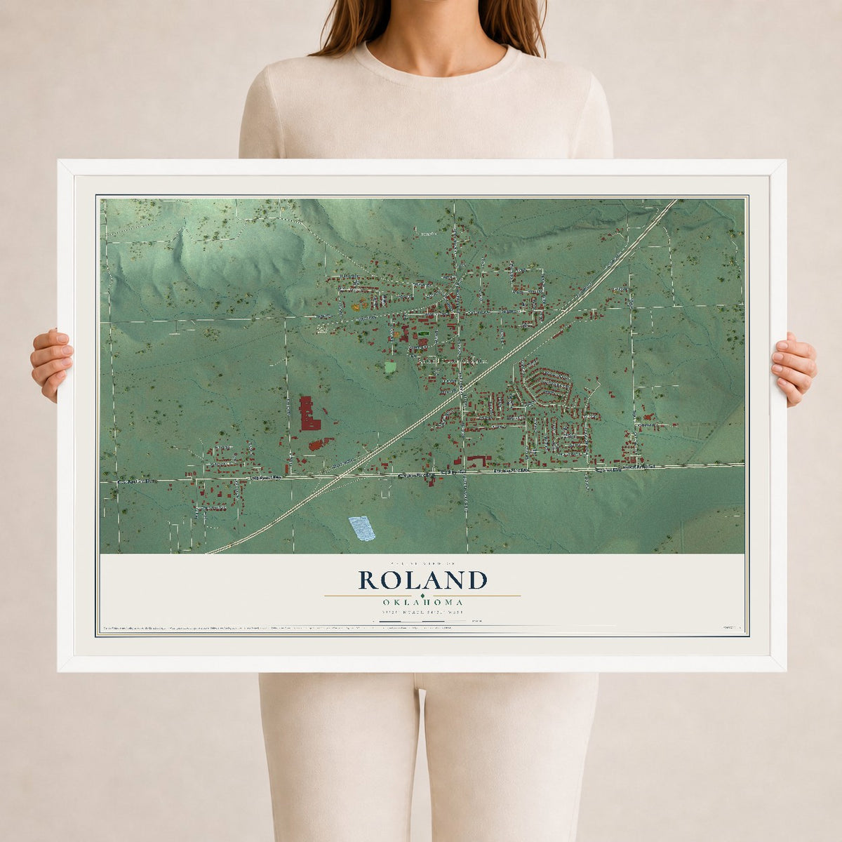 Map of Roland, Oklahoma, 24 x 36 inch print in a white wood frame