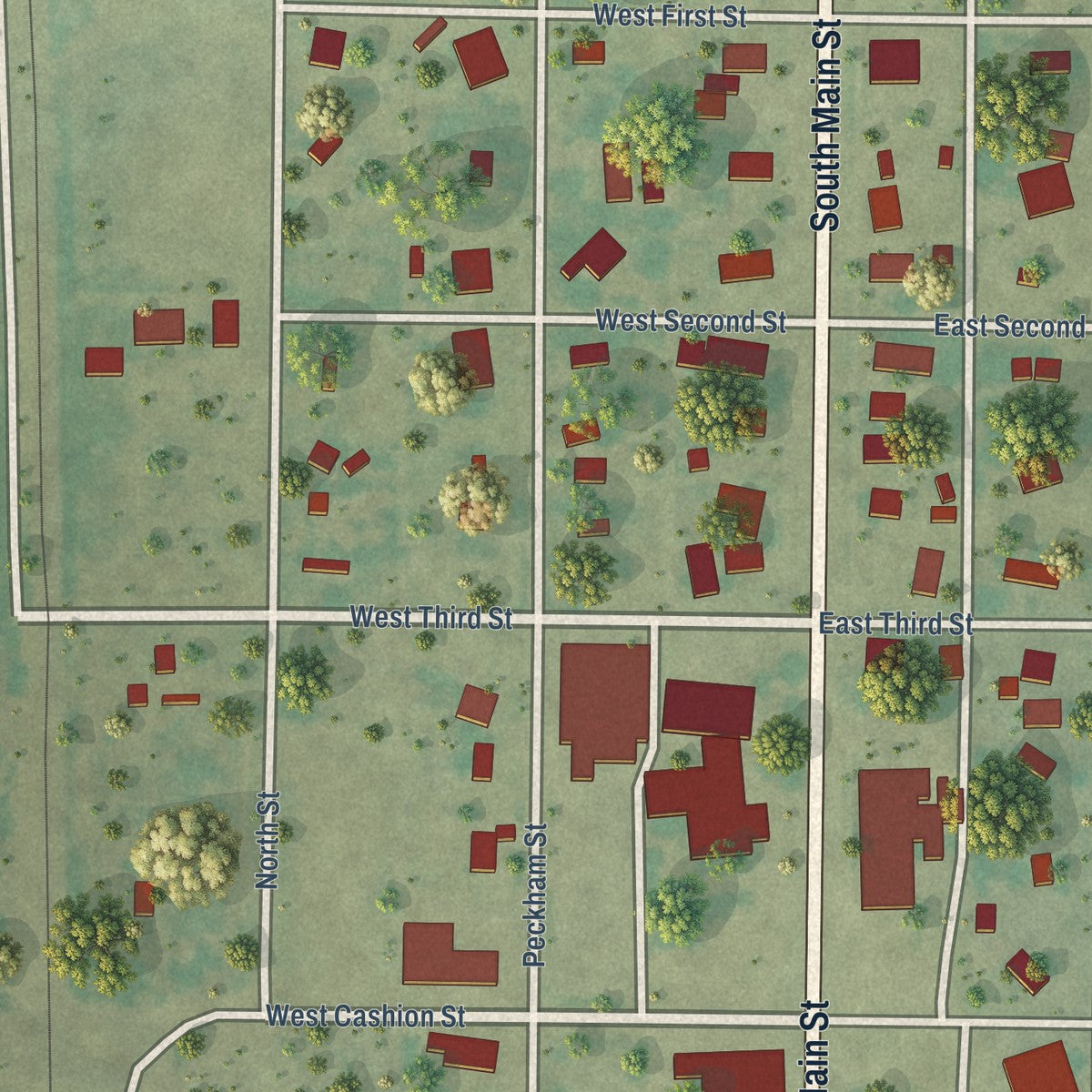 Close-up of the map of Roosevelt, Oklahoma print showing street and building detail