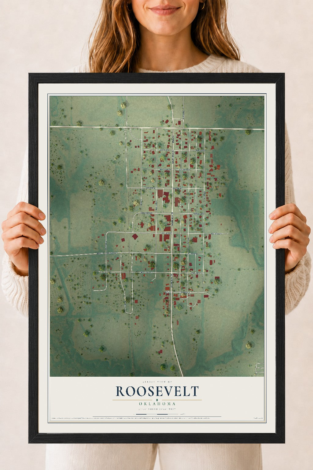 Map of Roosevelt, Oklahoma, 18 x 24 inch print in a black wood frame