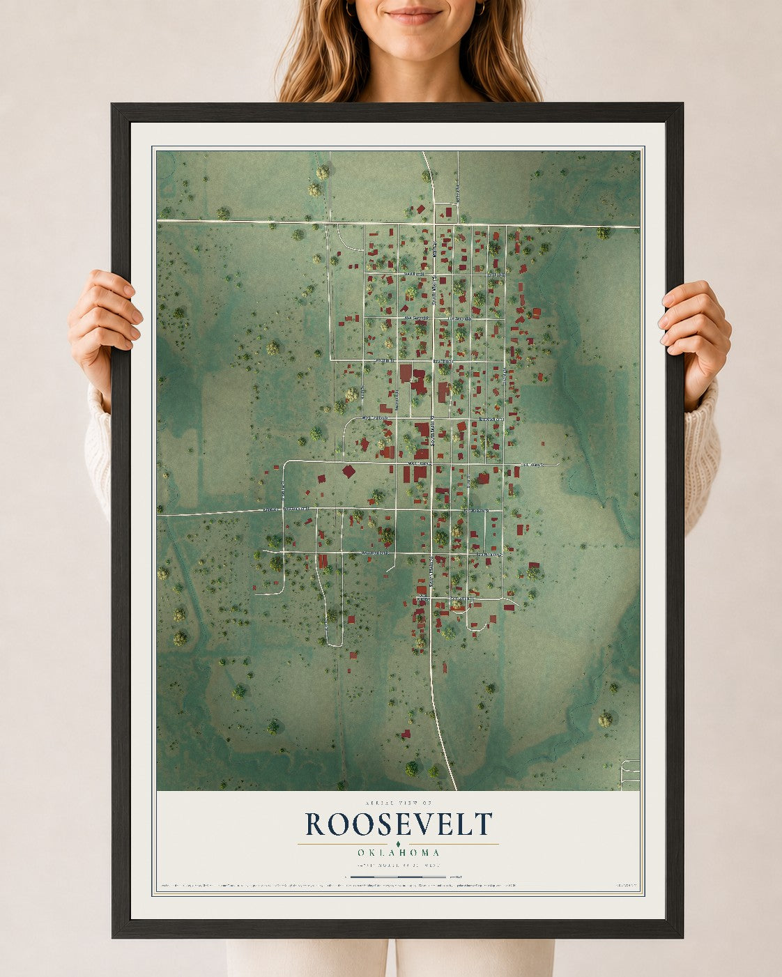 Map of Roosevelt, Oklahoma, 24 x 36 inch print in a black wood frame