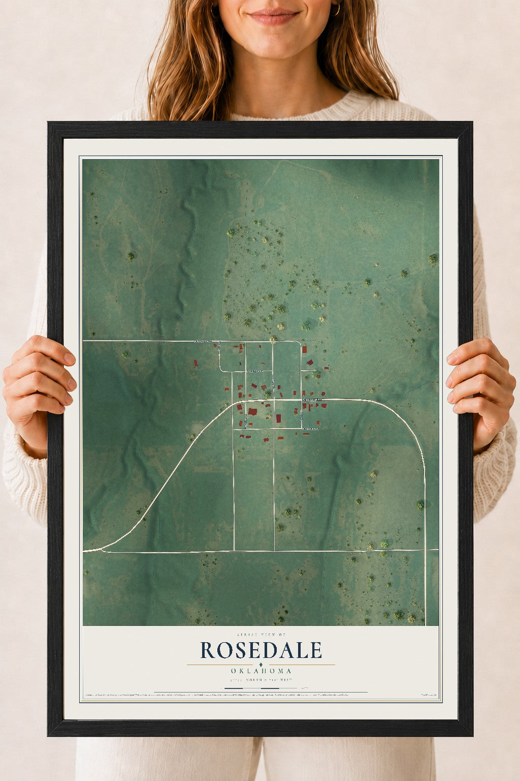 Map of Rosedale, Oklahoma, 18 x 24 inch print in a black wood frame