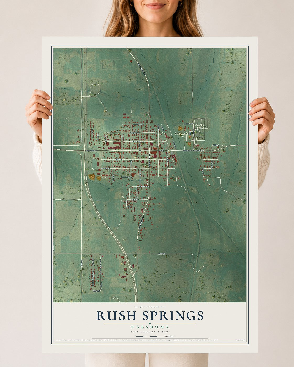 Map of Rush Springs, Oklahoma, 24 x 36 inch unframed archival matte print