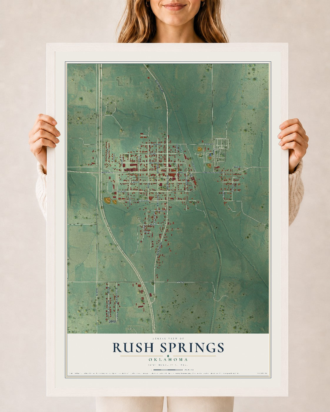 Map of Rush Springs, Oklahoma, 24 x 36 inch print in a white wood frame