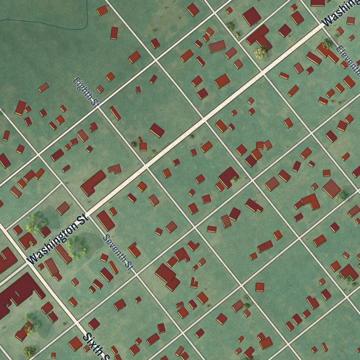Close-up of the map of Ryan, Oklahoma print showing street and building detail