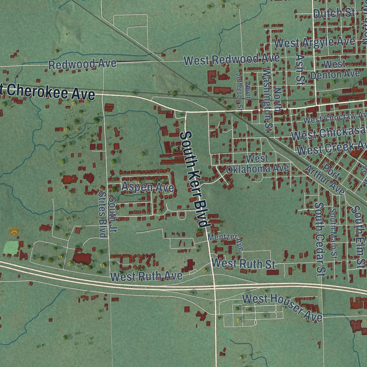 Close-up of the map of Sallisaw, Oklahoma print showing street and building detail