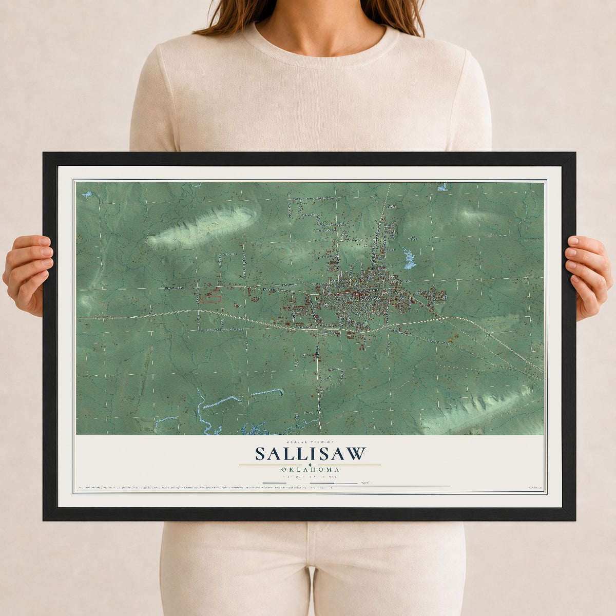 Map of Sallisaw, Oklahoma, 12 x 18 inch print in a black wood frame
