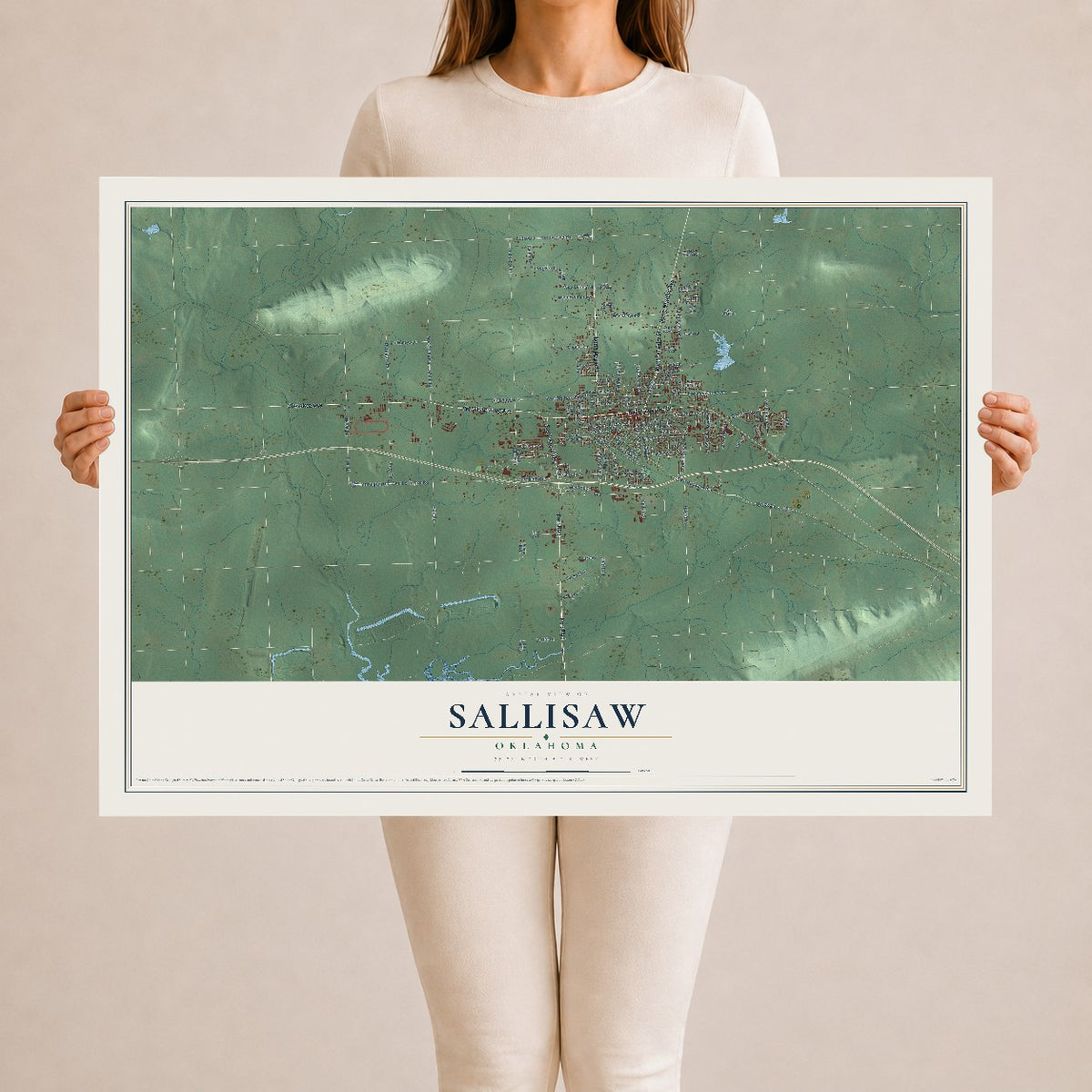 Map of Sallisaw, Oklahoma, 24 x 36 inch unframed archival matte print