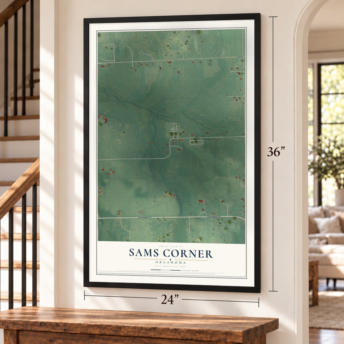 Sams Corner, Oklahoma map, 24 x 36 inch print in a black frame by a staircase