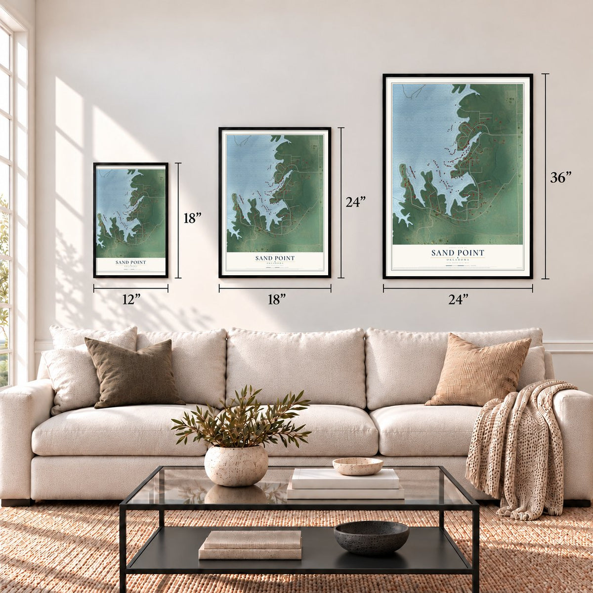 Sand Point, Oklahoma map in 12 x 18, 18 x 24 and 24 x 36 inch sizes above a sofa